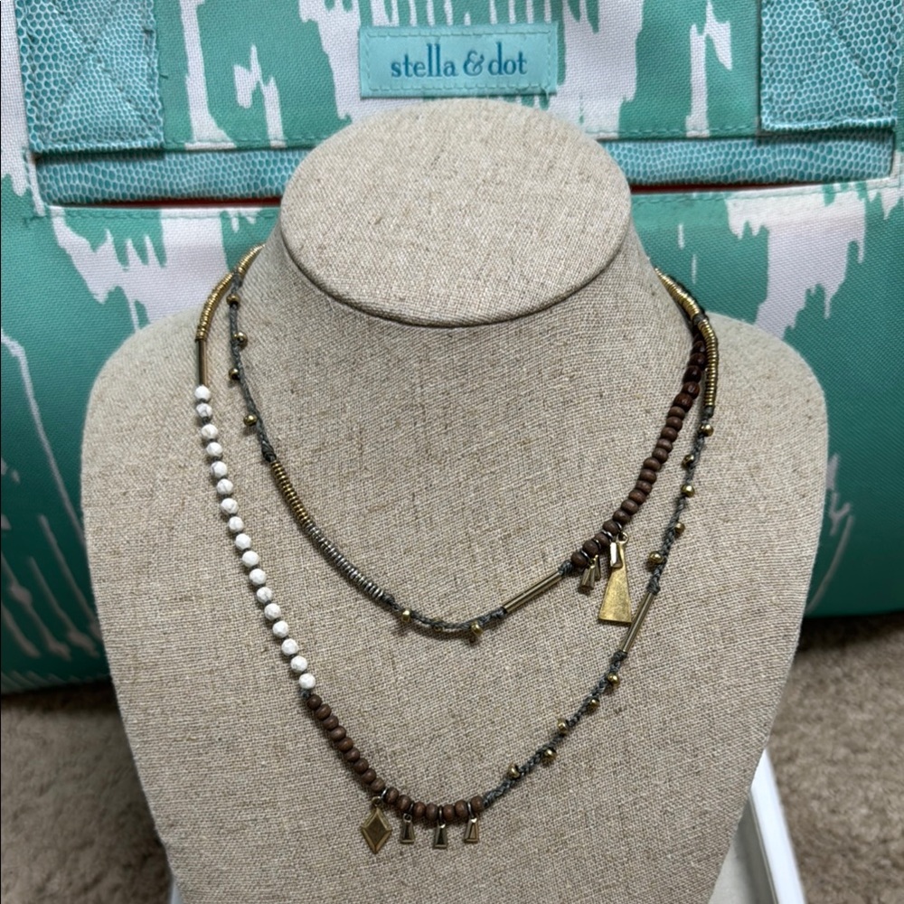 Stella & Dot Multi-Layered Necklace - Gold, Brown, White, Silver Mixed Media